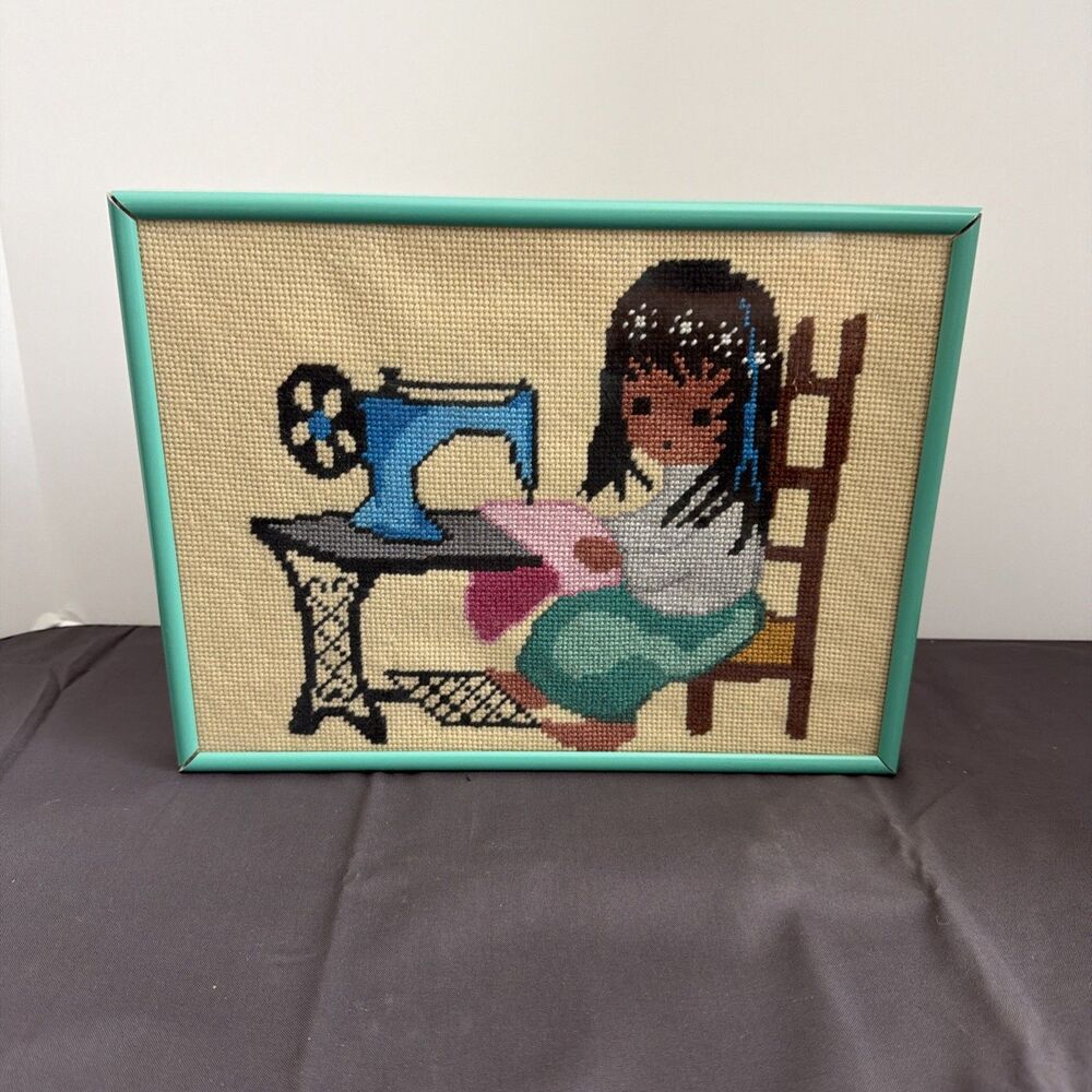 Ettore Ted DeGrazia Native American Girl Sewing Needlepoint Framed Vintage Folk